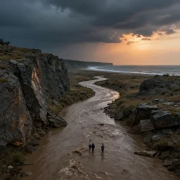 muddy river leads to sea by hiroshi yoshida, marc simonetti, roger deakins, turner, rothko, hyperrealism, cinematic, rock plateau, dramatic stormy scene, sunset, matte painting, fluid simulation, tonalism, volumetric light, trending on artstation, 8 k high detail concept art, top view, rendered in octane