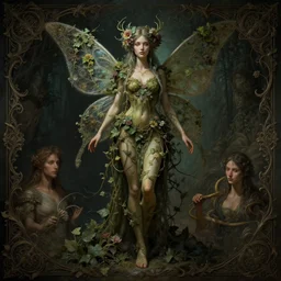 beautiful full body portrait of the great fairy, her body wrapped with ivy vines and flowers, dark fantasy esoteric, d & d, fantasy, cinematic lighting, intricate, highly detailed, digital painting, artstation, concept art, matte, sharp focus, by artgerm and tom bagshaw and greg rutkowski and alphonse mucha