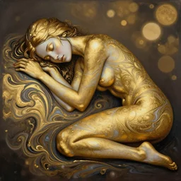 3 d female body silhouette sleeping in marbling liquid acrylic fluid, art noveauand art deco, gold, cinestill, bokeh photography, photography by amy leibowitz and volfgang schneider, bodypainting, painting by morava and goldalh, artstation, epic concept art, beautiful female face matte painting