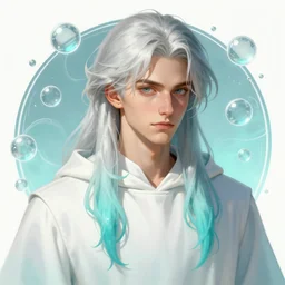 portrait of a young tempest priest by Greg Rutkowski and alphonse mucha, d&d character, gradient white to cyan, bubbles and water efects on the background, highly detailed portrait,  digital painting, artstation, concept art, smooth, sharp foccus ilustration, Artstation HQ