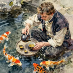 tea ceremony and koi pond, intricate watercolor painting by john singer sargent
