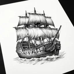 realism tattoo print of a pirate ship, by Matteo Pasqualin tattoo artist, on white paper