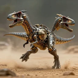 action photography, long shot, award winning macro photo of an ultra detailed intricate steampunk dinosaur running fast in the sand, fast shutter speed, motion blur, tiny gaussian blur, highly detailed, highly intricate, depth of field, national geographic