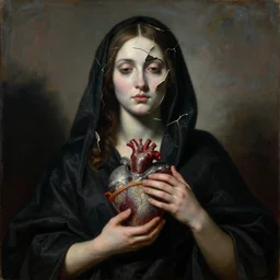 Oil painting of beautiful woman with broken into pieces pale face in black cloth which holds surreal ornate heart in her hands, the long shot, dramatic lighting, high-detailed oil painting by Michelangelo da Caravaggio, Alex Grey and Beksinski, masterpiece, 4k