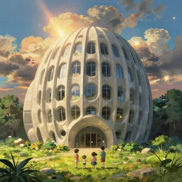a kengo kuma building with kids in front in a studio ghibli landscape