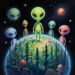 trippy psychedelic aliens in space above a planet with a forest by david normal