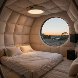 inside cozy luxurious earthship sleep-pod with wall to wall padding and sound system, XF IQ4, 150MP, 50mm, F1.4, ISO 200, 1/160s, dawn