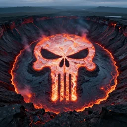 wide angle scene of volcano caldera in the form of the punisher skull icon. punisher icon is lava lake with flowing fountains and rivers of lava. detailed, high art, intricate, artisan