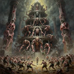 oil paint of 1 1 flayed no limb gods in tiers, colossal medical gangrene machines in tiers, dethroning melee, battle pit, by shigeru komatsuzaki, wayne d barlowe, stefano tamburini, ember light, muted colors, epic, hyper detailed, awe inspiring, award winning horror, narrative lighting, hyper realism, cinematic