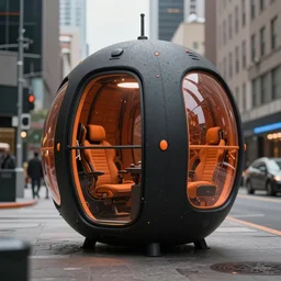 innovative survival pods in an inner - city scene, biomechanical design, black and orange colour palette, generative design structure
