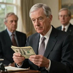 detailed realistic cinematic wide shot of jerome powell holding money, sharp focus, ultra realistic, spring light, painting by gaston bussiere, craig mullins, j. c. leyendecker