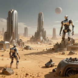 “Cyberpunk apocalyptic desert city with robots in a futuristic planet, hypermaximalistic, high details, cinematic, 8k resolution, beautiful detailed, insanely intricate details, artstation trending, octane render, unreal engine”