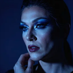 zeiss lens photograph by wolfgang tillmans drag queen portrait chiaroscuro intricate composition ( ( ( ( ( blue ) ) ) ) ) insanely quality highly detailed skin texture ( ( dynamic shadows ) )