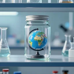 a laboratory, jar on a shelf, inside the jar is a tiny globe!!!!!!!!!!, digital art, artstation