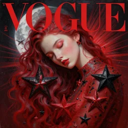 3 d, close - up, red and black stars, sleepy fashion model, moon rays, vogue cover style, poster art, hyper detail, intricate oil painting, multiple exposure, scarlet mood, 3 d, by tooth wu and wlop and beeple and greg rutkowski