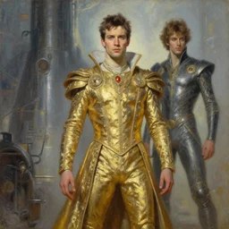 a man dressed in a gold and silver costume, art by alex heywood and gaston bussiere, albert lynch, fantasy art, reimagined by industrial light and magic, oil on canvas, hd