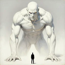 an immense beautiful terrifying pale humanoid giant looming over a tiny human. well composed, clean elegant painting. comic book art by steve ditko and jack kirby and david aja