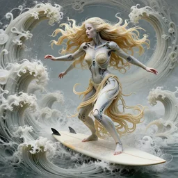 beautiful ethereal cyborg woman, art nouveau, fantasy, intricate pasta waves, elegant surfboard, highly detailed, sharp focus, action art by artgerm and greg rutkowski and wlop