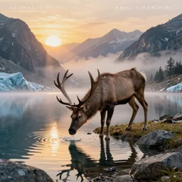 a stunning ultra detailed fantasy fine art illustration of an elk drinking water by a reflective glacial lake in a rocky mountain area at sunrise, by gediminas pranckevicius and tomasz alen kopera, foggy, crepuscular rays, artstation, 8 k, deep depth of field, golden hour hues, vibrant colors, golden ratio composition, hyper realistic