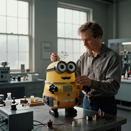 screenshot of a scene at a secret lab where a chappie is being built, 1990s psychological thriller by Stanely Kubrick film, color, anamorphic lenses, detailed, sunlit windows, moody cinematography, Axis X:1 Axis Y:0 Axis Z:0