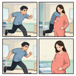 a serious 4 panel comic depicting a man rushing to the hospital looking for his pregnant wife