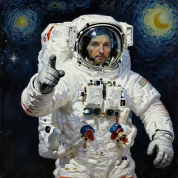 bright beautiful oil painting of astronaut giving a thumbs up on a spacewalk, light scatter, van gogh