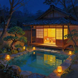 painting of night time intimate empty traditional onsen by small inn floating lanterns by artgerm mullins rutkowski mucha without people bonsai zen garden warm inn bioluminescence traditional japanese architecture concept art fantasy octane raytracing vivid color indirect light artstation
