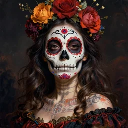 illustration of a sugar skull day of the dead girl, art by caravaggio