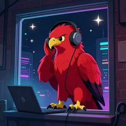 lofi art of a red griffon listening to music, by the back window, cyberpunk theme, stars, artstation, 4 k