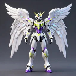 a photo of 8 k hyper realistic, octane render archangel with white iridescent wings, full body, intricate purple and yellow neon armor, ornate, standing on front of huge megastructure red doors of heaven, with sword of fire, magical atmosphere, cinematic lighting, trending on artstation, 4 k, hyperrealistic, focused, high details, unreal engine 5