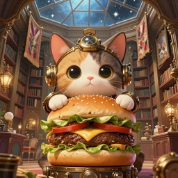 cute steampunk burger cat with a polygonal library walls and glass ceilings showing the stars and hanging silk drapery and tapestries, light dust, magnificent, close up, details, sharp focus, elegant, highly detailed, illustration, by Jordan Grimmer and greg rutkowski and PiNe(パイネ) and 薯子Imoko and 香川悠作 and wlop and maya takamura, intricate, beautiful, Trending artstation, pixiv, digital Art