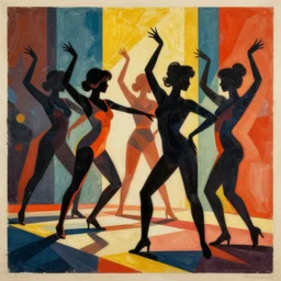 stylish 1960s pop art by Evelyne Axell, luscious dancers in silhouette with bold geometric patterns