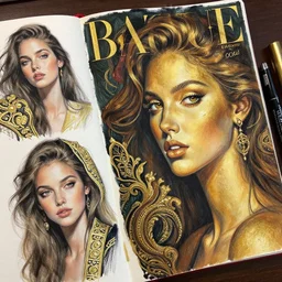 sketchbook pages tempera, magnificent, close up, details, sharp focus, elegant, highly detailed, illustration, intricate, girl portrait painting by ruan jia, kenneth willardt, ross tran, wlop, andrei riabovitchev, golden skin, mystery background, harper's bazaar, vogue, magazine, concept art, ornate, luxury, elite, elegant, trending on artstation