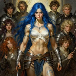 muscular young female warrior in knight armor, long blue hair with tattoos, fantasy, dramatic, art by joseph leyendecker, peter mohrbacher, ruan jia, finnian macmanus, marc simonetti, dean cornwell, ayami kojima, vasnetsov, cedric peyravernay, alphonse mucha