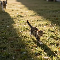 the cat runs away from the dog