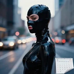 beautiful female body silhouette, beautiful acrylic fluid portrait, photography by amy leibowitz and filip fedorov, black latex female balaclava, female calendar, ballerina body painted with black fluid, urban city photography, close up portrait, cinematic still, film still, magic hour, dark mood, fashion portrait, cold colors, long exposure, bokeh