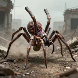 Techno-biological iron-meat spider with double long barrel on his head walks through the ruins. Consisting of tumors, veins, guts, kidneys, wires, long spider paws, chitin, bones. Bodyhorror, biopunk, extremely high detail, ultra realistic, photorealism, concept art, octane render, view from a distance, 8k, 16k