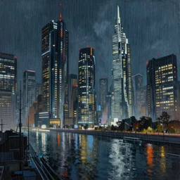 a beautiful painting of a scifi city at night, skyscrapers, long exposure photo, low angle, heavy Rain, reflaction, Greg rutkowski