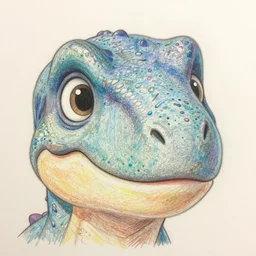 happy and cute face of dilophosaurus, face only, smile, big cute eyes, pencil drawing, pastel, by marc simonetti