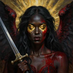 portrait of the god of death, eyes made of gold, beautiful female face, angelic, black woman, golden eyes, dark, blood, by jeremy mann, by lucian freud, oil painting, god rays, female warrior, warrior face painting red, wings, gothic, holding a weapon, intricate, highly detailed, trending on artstation, award winning, cinematic