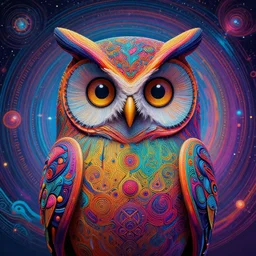 a portrait of a psychedelic cat owl figure by naoto hattori, android jones and chris dyer, deep bold colors, galactic entity, depth of field, intricate beautiful painting, billions of details, octane render, portal, 8 k, detailed vector, trending on artstation, cgisociety, neural, runic, wow!!!!!!!!!!