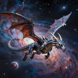 a metallic alien dragon flying in outer space, epic nebula, Dan Seagrave art