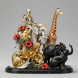 snail, knight, Elephant, giraffes, horns, rino, wide angle, italian masterpiece, Ashford Black Marble, sculpture, baroque,  draped with red Hibiscus and vines and spines, marble and gold, drapes, white details, still life, Obsidian, portrait, rabbit, chariot, snails vs knight, render, artstation, ultra detailed