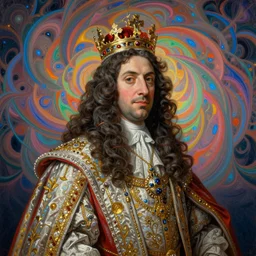 beautiful oil painting, portrait of Louis xiv in coronation robes 1701, Dan Mumford, Dan Mumford, Alex grey, Alex grey, hyacinthe rigaurd, lsd visuals, fractal patterns, entheogen, psychedelic, hallucinogen, highly detailed, ornate