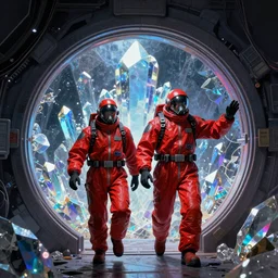 two scientists wearing red cyberpunk hazmat suits entering the portal to the crystal dimension by frank frazetta. heavy chromatic aberration.