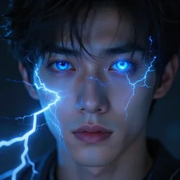 a young man with glowing blue eyes sparkling with blue lightning. sparks. electricity. digital art. fantasy. matte painting sharp focus. highly detailed. uhd. by sparth. albert aublet. huang guangjian.