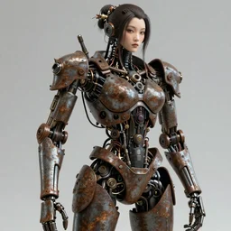 Techno-biological rusty robot geisha consisting of wires and actuators. Biopunk, body armor, high detail, photorealism, full length view, concept art, Dan Mumford, Quixel Megascans, octane render, 16k, 8k