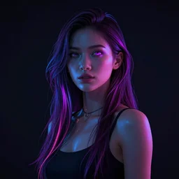 a girl glowing with neon colors,high detail of the face, full body detailed, octane render, dark and moody, please