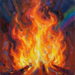 cross fire burning in flames, rainbow colors, oil painting, bold strokes
