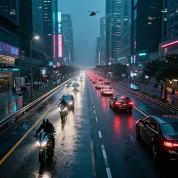 motorcycles and cars on a cyberpunk highway, skyscrapers, rain, neon street lights, dense traffic, helicopter chase.
